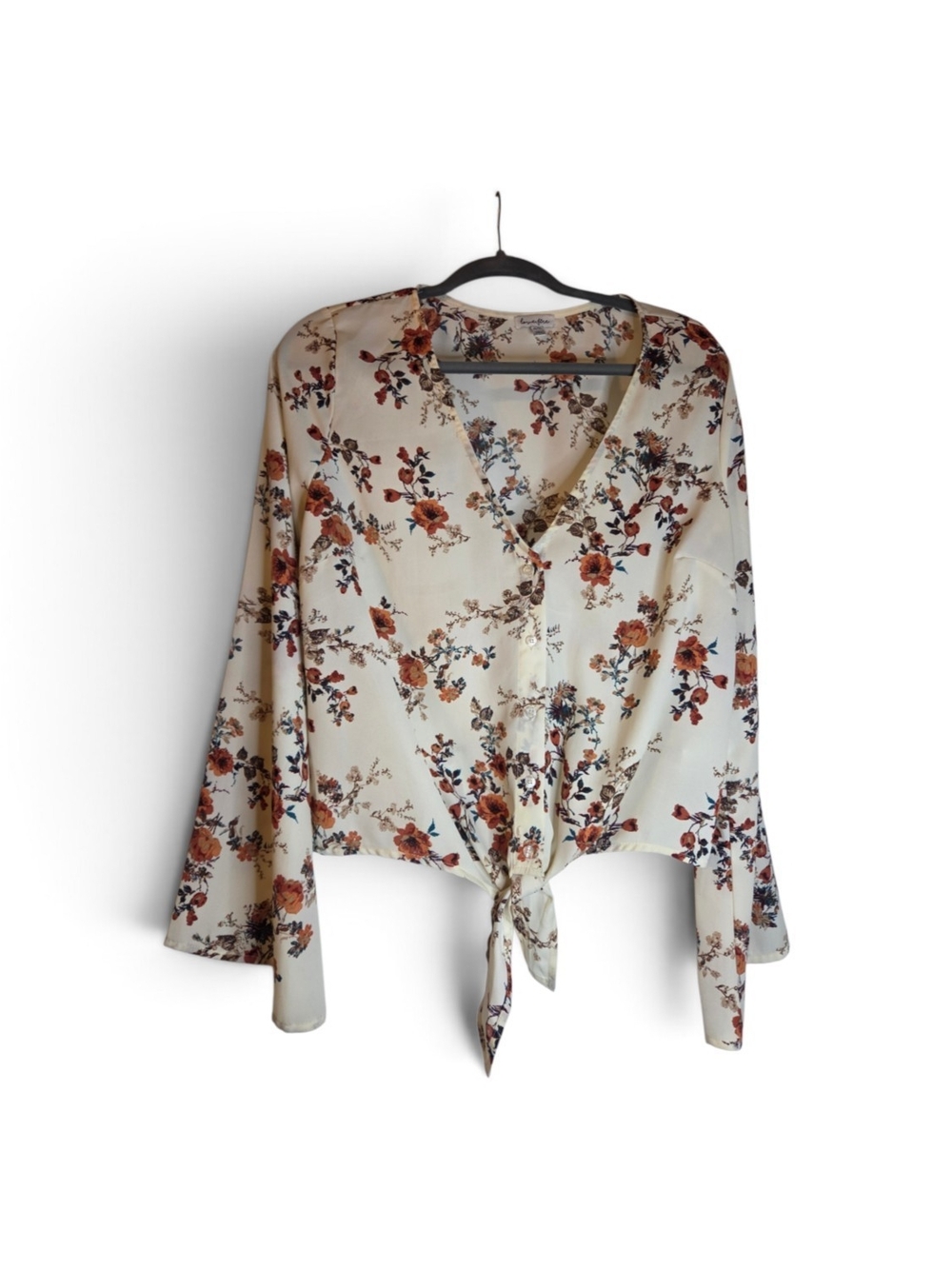 love, Fire Cream Floral Tie-Front Blouse